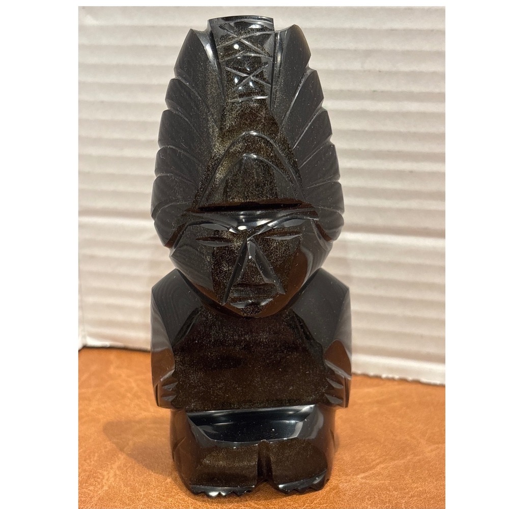 Golden Sheen Obsidian Hand Carved Aztec Mayan Tribal volcanic glass figure